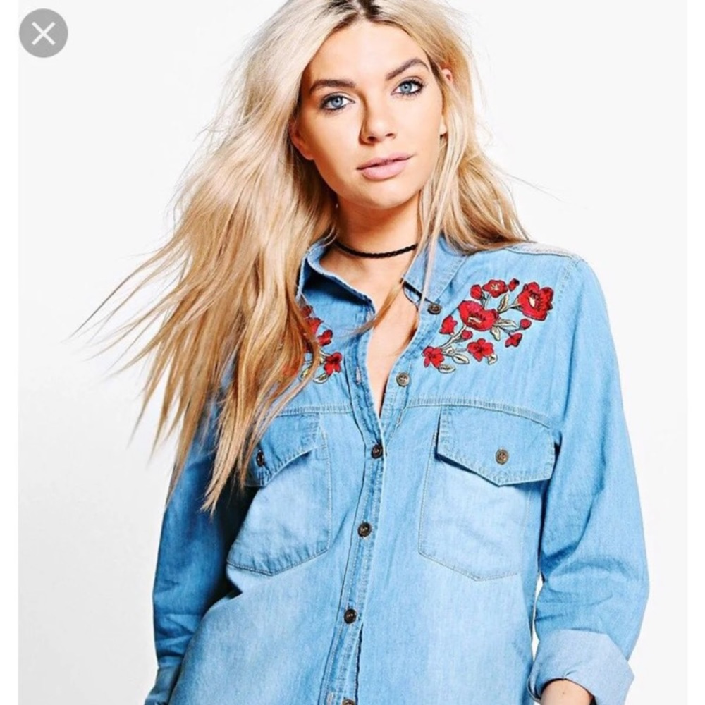 Boohoo Floral Embroidered Denim Shirt